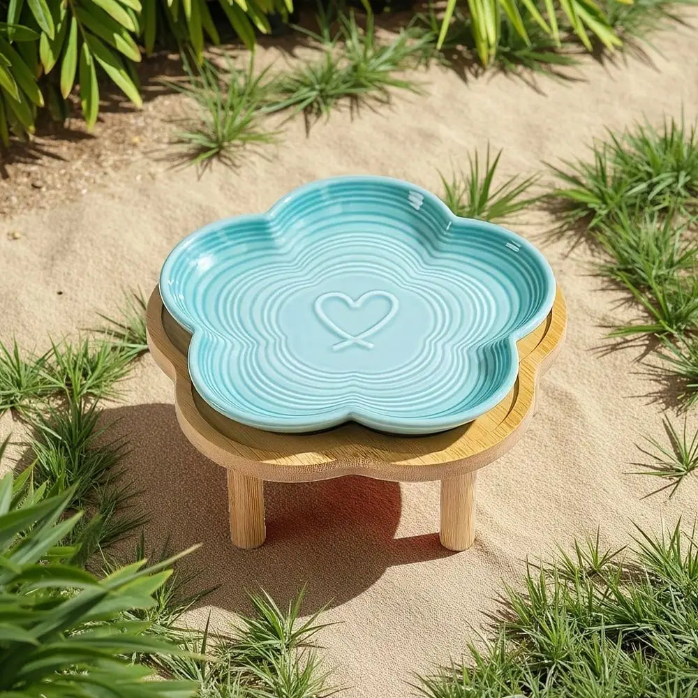 Flower Ceramic Pet Feeding Bowl With Bamboo Stand, Elevated Cat Bowl, Wide Shallow, AntiVomit, WhiskerFriendly Raised Dish For