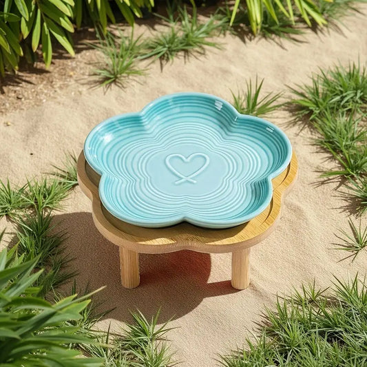 Flower Ceramic Pet Feeding Bowl With Bamboo Stand, Elevated Cat Bowl, Wide Shallow, AntiVomit, WhiskerFriendly Raised Dish For