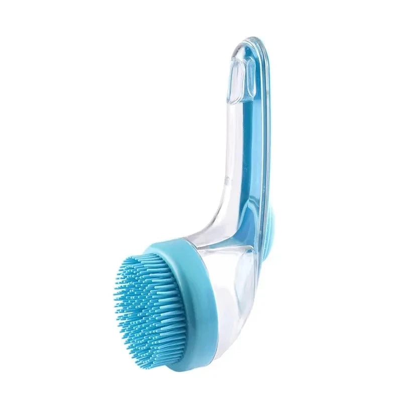 Pet Bath Brush with Shampoo Dispenser for Dogs Cats, Long Handle Soft Silicone Gentle Massage Brush, One Press Soap Dispensing Pet Grooming Bathing Tool
