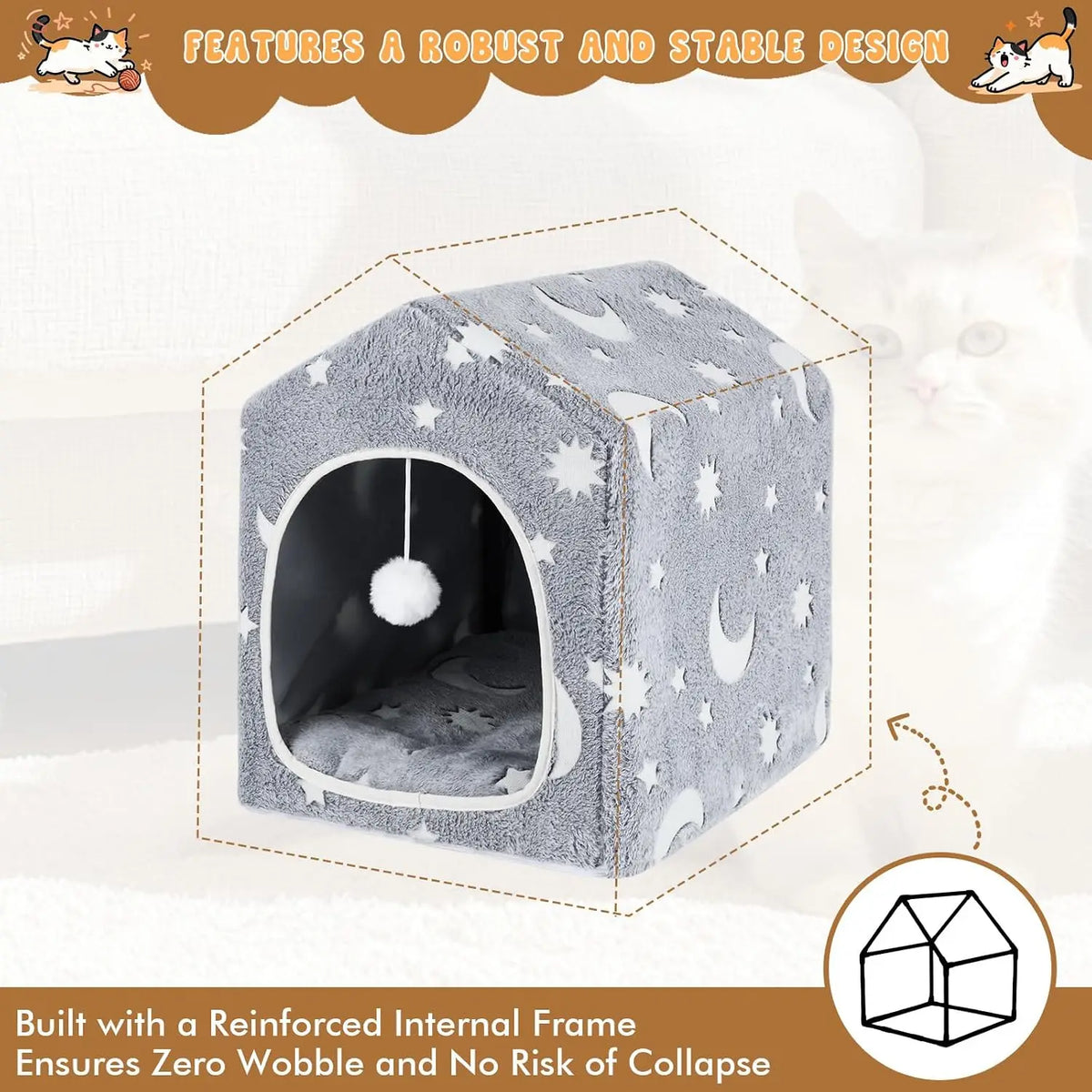 Cat House for Indoor Cats, Cat Bed Cave Enclosed Hideaway with Frame