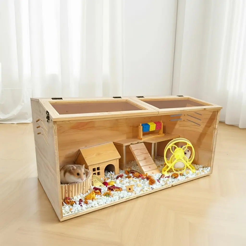 Large Wood Hamster Cage 40"x20"x20" - Indoor Guinea Pig Cages with 2 Lockable Top Covers & Acrylic Viewing Window, Critter Nation Cage for Syrian Hamster, Gerbil, Guinea Pig