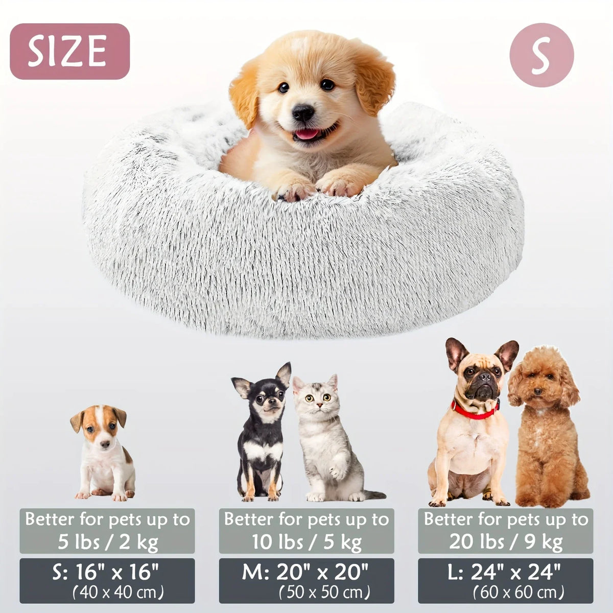 Calming Dog & Cat Bed, Donut Cuddler Warm Soft Round Pet Bed, Fluffy Faux Fur Plush Mat Bed, Suitable for Small, Medium & Large Dogs and Cats (16"/20"/24"/28"/31"/39")