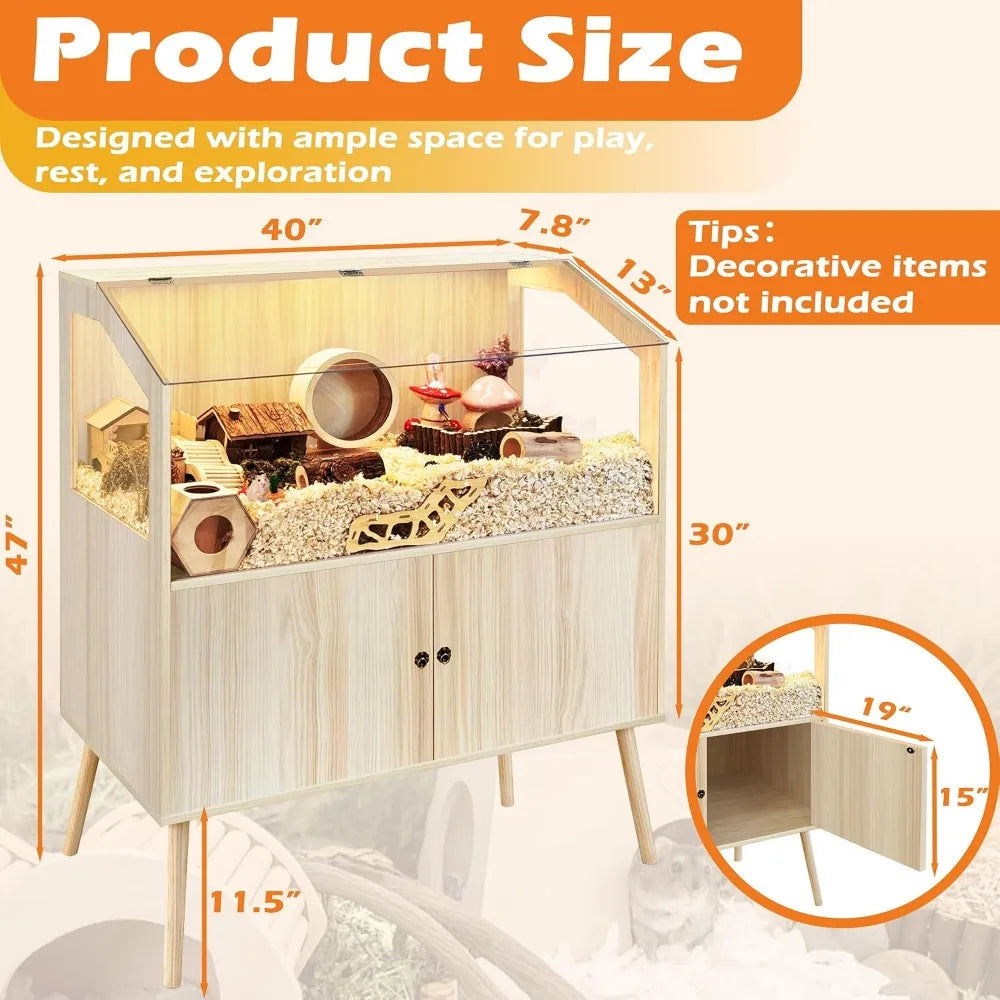 Large Hamster Cage with Storage Cabinet, 40" L x 20" W x 47" H, Chew Proof Wood & Clear View, for Guinea Pig, Ferret, Rat, Hedgehog (Oak)