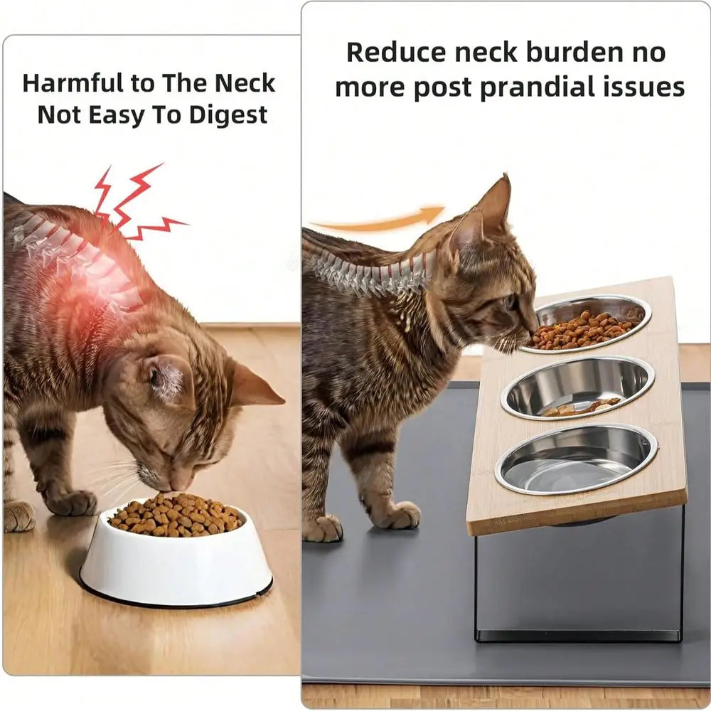 Cat Food Bowl And Mat, 3 Stainless Steel Raised Cat Bowls With Stand, 15Tilted Cat Bowl For Indoor Multiple Cats