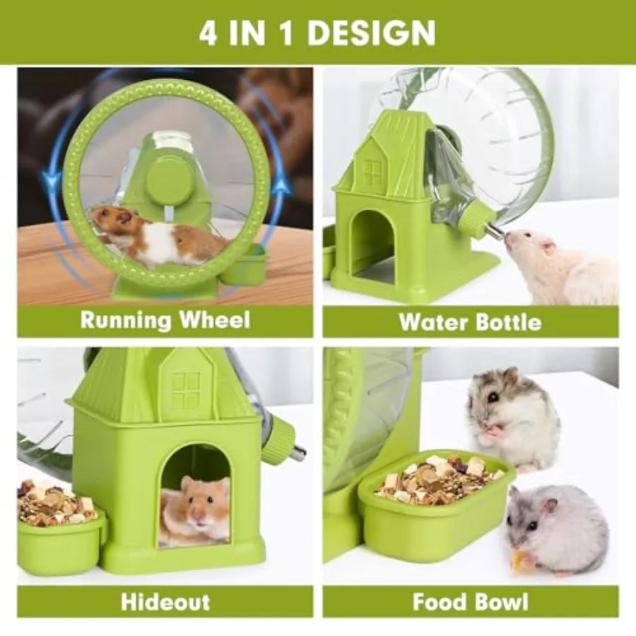 4 in 1 Quiet Hamster Exercise Wheel, Multi Functional Hamster House with Running Wheel, Water Bottle, Food Bowl and Hideout, Sm