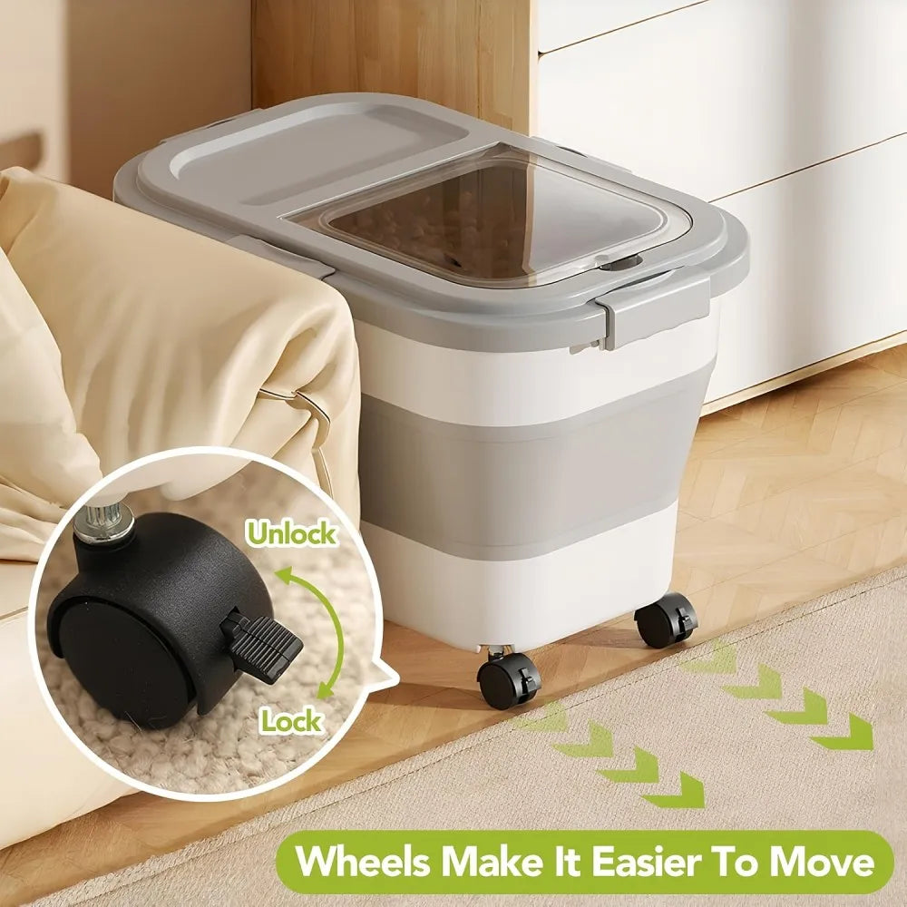 3Lbs Collapsible Pet Food Storage Container with Airtight Lid, Dog Food Storage Container with Measuring Scoop And Cup, Wheels & Handle for Easy Moving, Keep Dry Food Fresh