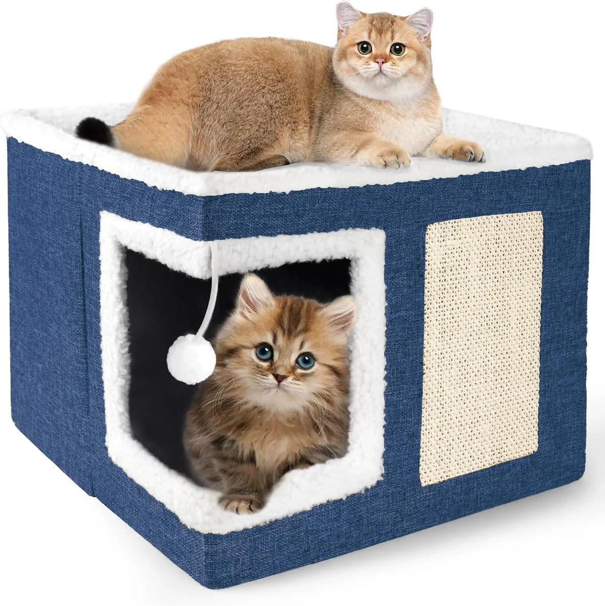 Loyareal Cat Houses for Indoor Cats - Large Cat Bed Cave with Scratch Pad and Fluffy Ball, Foldable Cat Condo Hideaway with Reversible Cushion for Multi Small Pet, Dark Grey