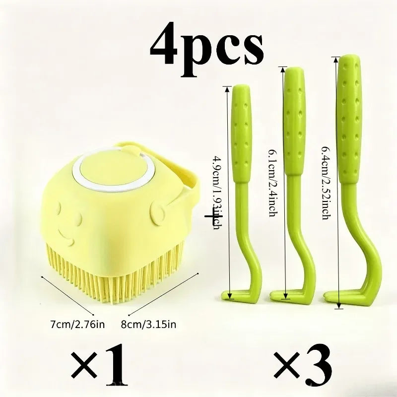 Pet Shower Brush With Tick Remover Soft Bristles Ergonomic Handle Removable Lid Gentle Grooming Washing Tool For Small Medium Dogs Cats Bath Massage