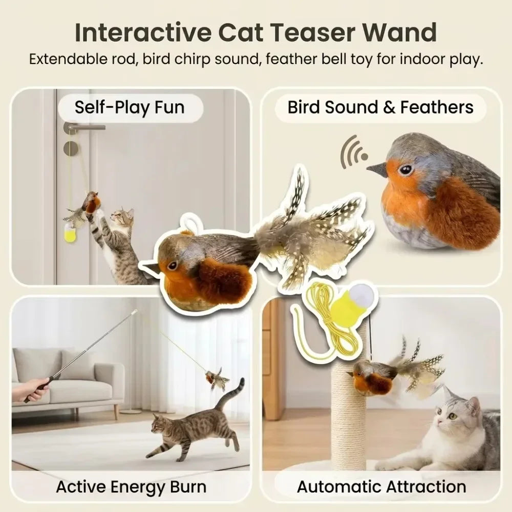 Kitten Cat Teaser Wand, Interactive Bird Sound Toy, Retractable Replaceable Feather Stick for Indoor Pets Boredom Relief, Durable Play