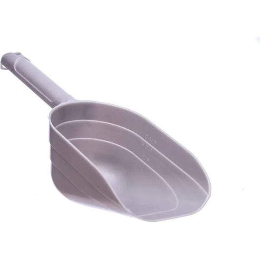 BPA Free Plastic Pet Food Scoop with and Measuring Lines, 2 Cup, Silver，95% pre-consumer recycled plastic content.