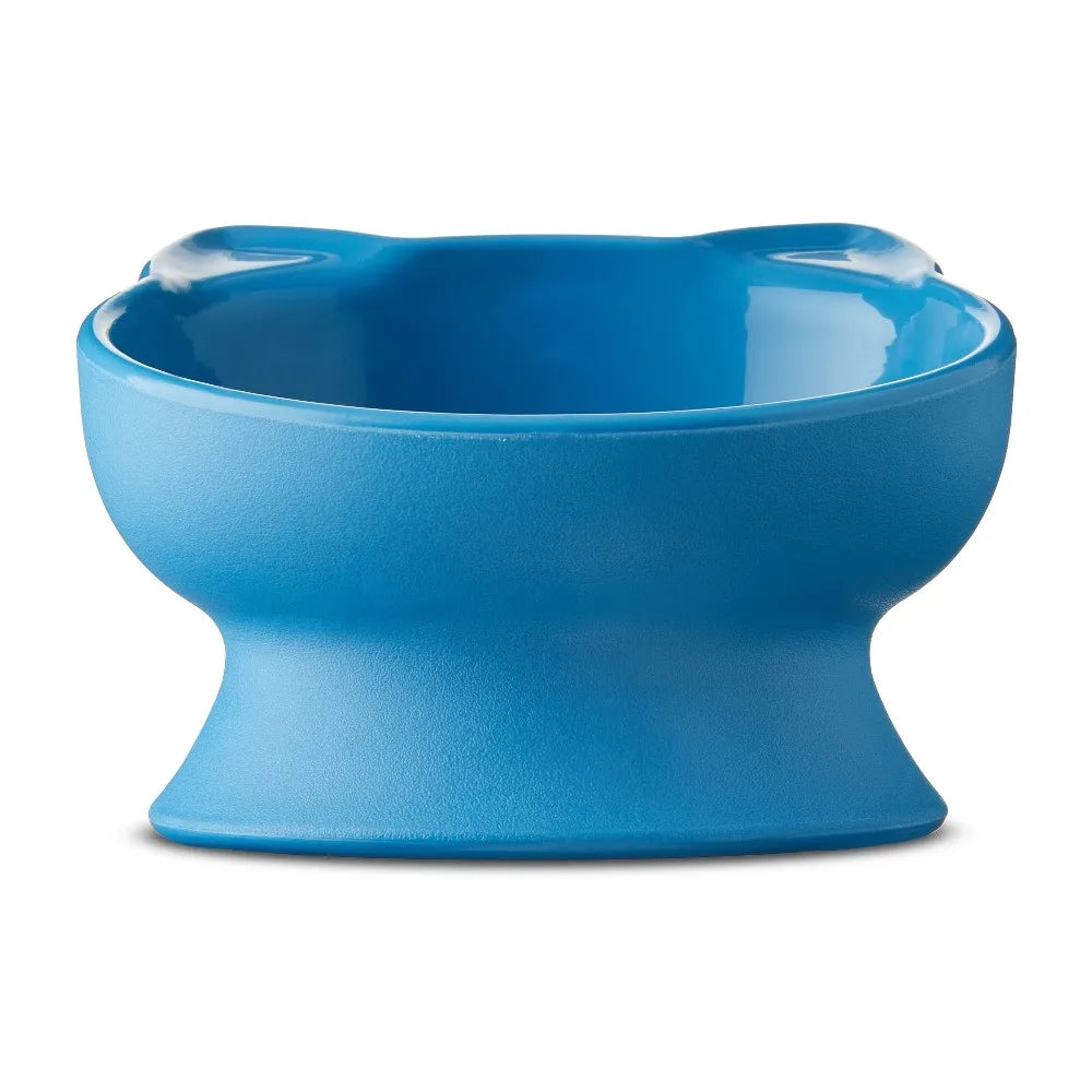 Elevated Cat Bowl with Ears Design Pet Food Water Feeder Dish Anti Vomit Slow Eating 0.8 Cup Capacity Blue Plastic Cute Bowls for Cats and Small Dogs