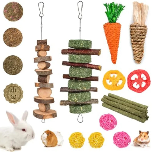20 PCS Bunny Chew Toys for Teeth, Natural Rabbit Toys Apple Wood Grass Timothy Sticks Chew and Treat for Guinea Pigs Hamster Ch