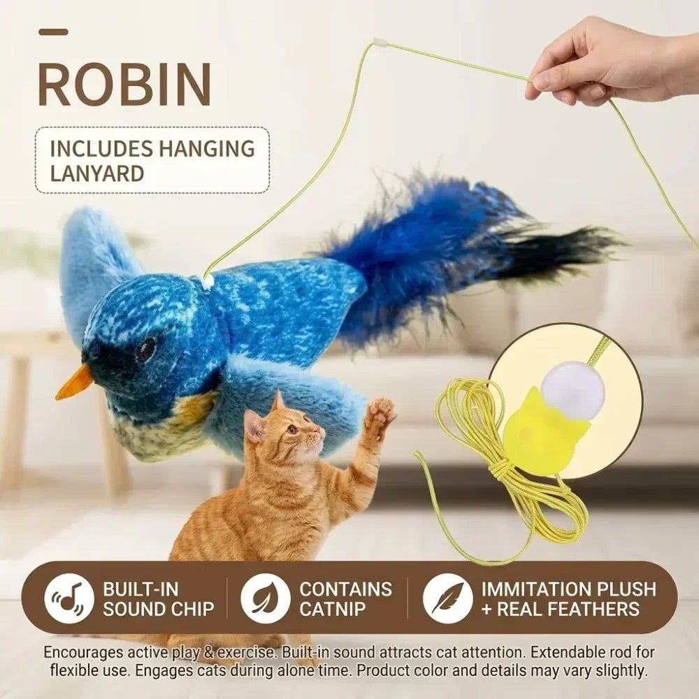 Kitten Cat Teaser Wand, Interactive Bird Sound Toy, Retractable Replaceable Feather Stick for Indoor Pets Boredom Relief, Durable Play