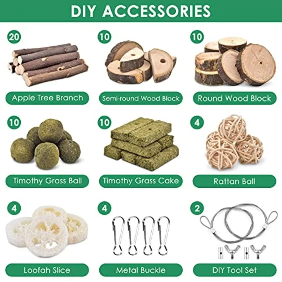 Rabbit Chew Toys, Bunny Toys Apple Wood Grass Timothy Treat DIY Hamster Chew Kit Bunny Teeth Care Molar Toys, Ideal for Rabbit,