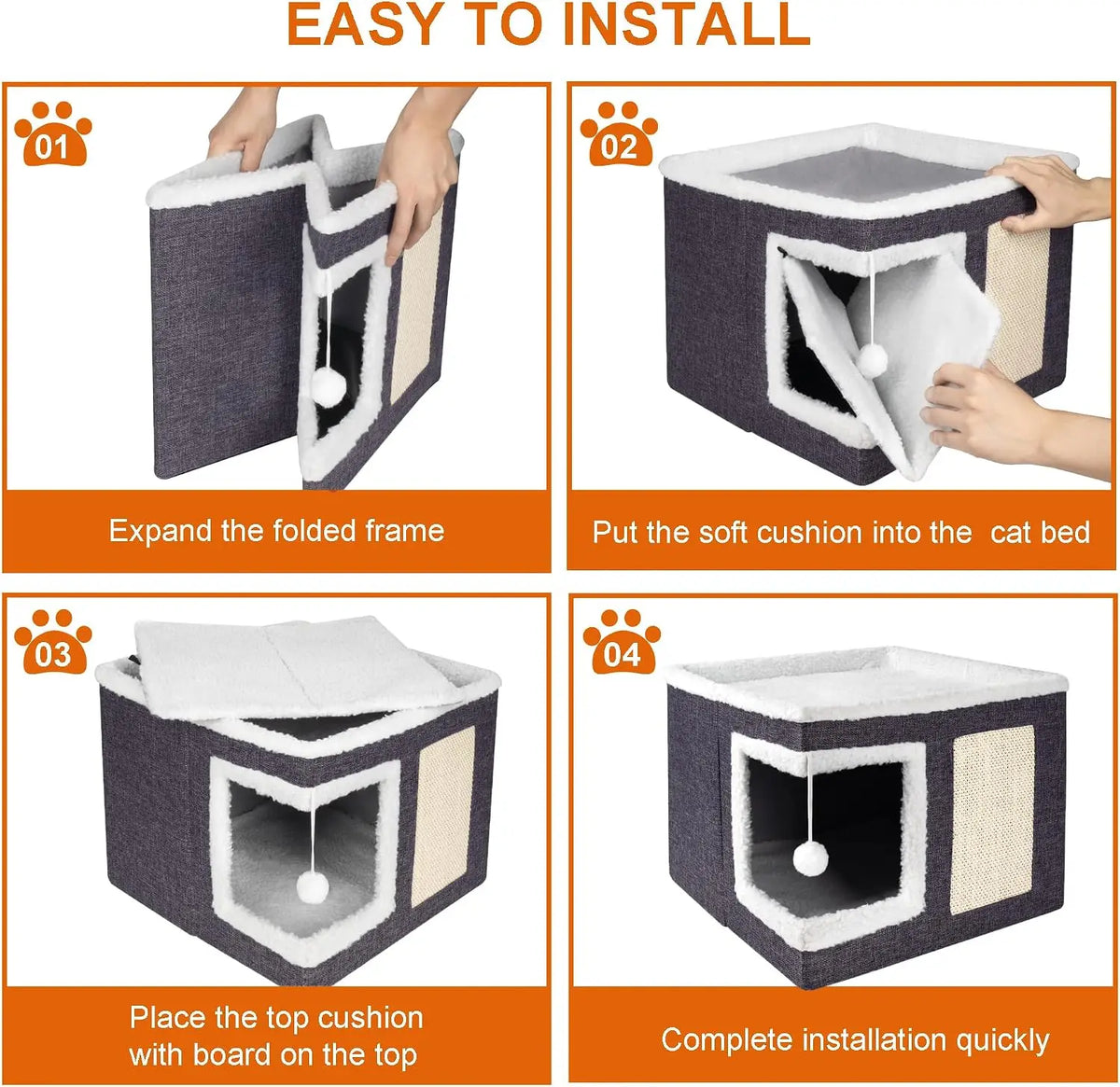 Loyareal Cat Houses for Indoor Cats - Large Cat Bed Cave with Scratch Pad and Fluffy Ball, Foldable Cat Condo Hideaway with Reversible Cushion for Multi Small Pet, Dark Grey