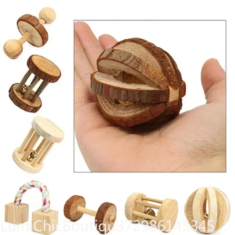 Cute Small Pet Chew Toy Natural Pine Wood Roller Dumbbell Unicycle With Bell Molar Play Toy For Rabbit Guinea Pig Rat Enrichment Supplies