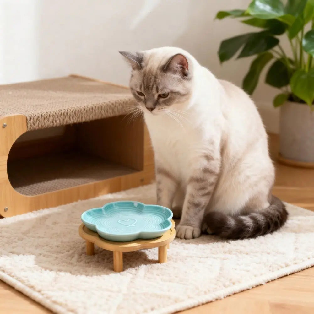 Flower Ceramic Pet Feeding Bowl With Bamboo Stand, Elevated Cat Bowl, Wide Shallow, AntiVomit, WhiskerFriendly Raised Dish For