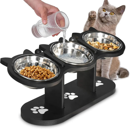 Cat Bowls Elevated, Raised Cat Food Bowls For Indoor Cats, Adjustable Heights Cat Food And Water Bowl With Black Shelf, 3 Stainless Steel Elevated Cat Bowls With 15°Tilted, Cat Dishes For Food And Water
