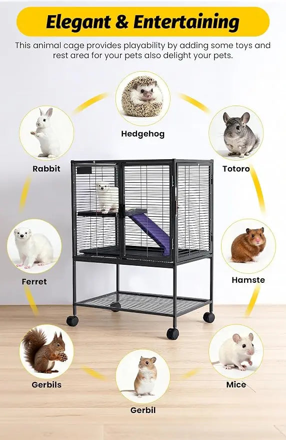 Multi-Level Metal Small Animal Cage for Ferrets, Hamsters, Chinchillas, Rabbits, Guinea Pigs, Hedgehogs, Gerbils Removable Tray & Ramp, Lockable, BPA-Free
