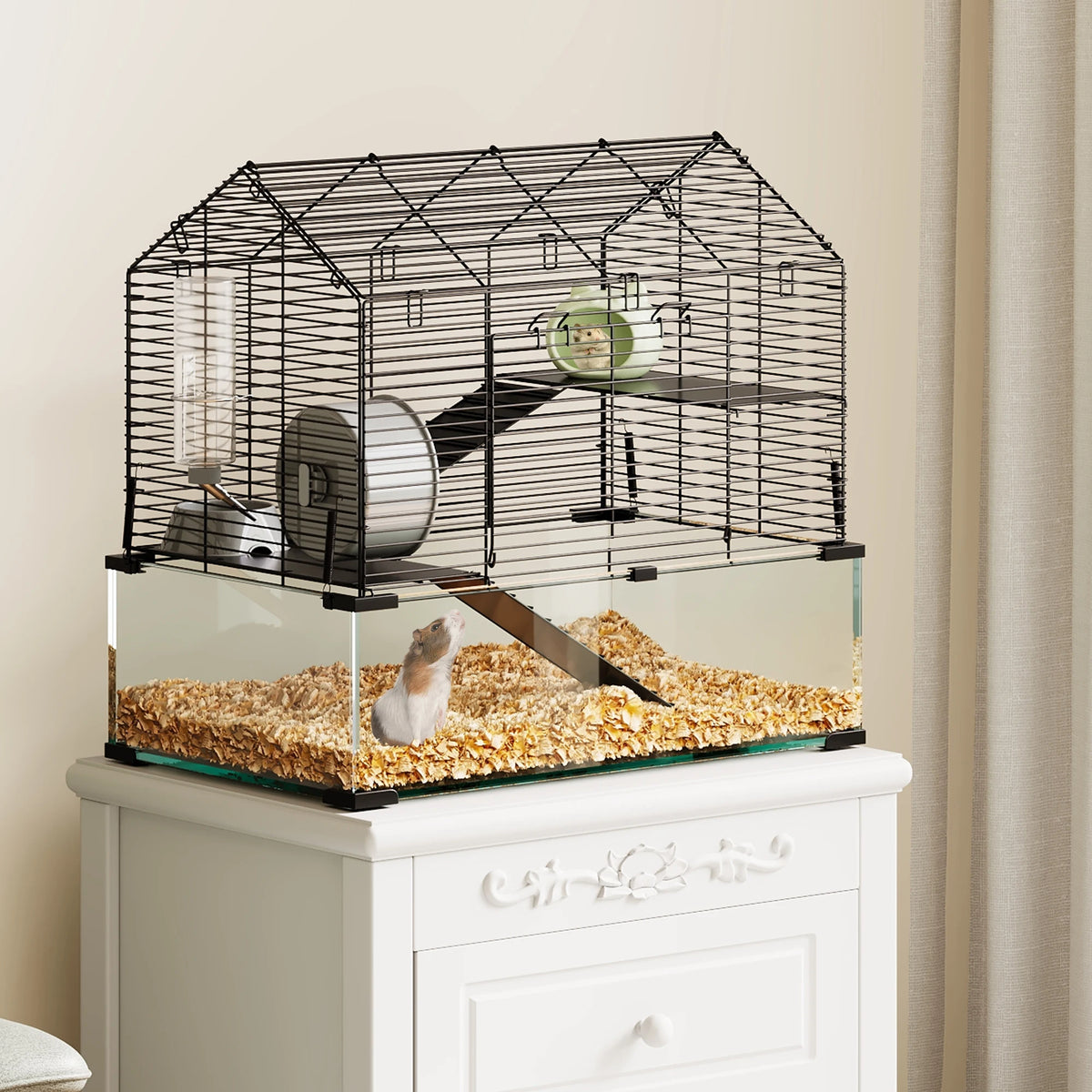 Large Hamster Cage, 3-Tier Gerbil Cages with Running Wheel, Water Bottle, Food Bowl, Ramps, Portable Hamster House with 7 in Deep Glass Bottom for Syrian, Dwarf Hamster, Gerbils