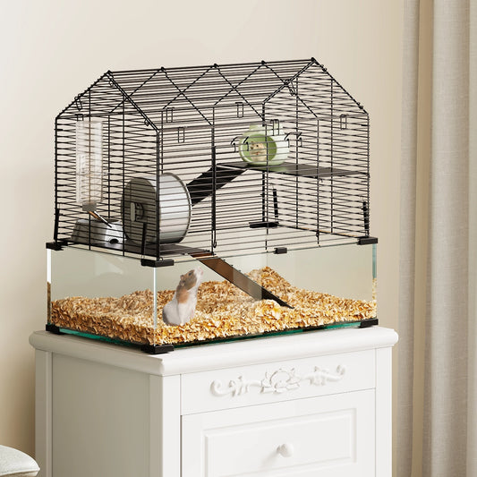 Large Hamster Cage, 3-Tier Gerbil Cages with Running Wheel, Water Bottle, Food Bowl, Ramps, Portable Hamster House with 7 in Deep Glass Bottom for Syrian, Dwarf Hamster, Gerbils