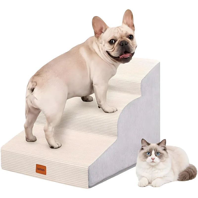 3/4/5 Steps Curved Pet Stairs 22.6/19.75/15.7 Inches High Access Ramp for Cat/Dog Suitable for Bed/Sofa/Car Non-slip Pet Steps High-density Foam Grey/Beige Suitable for Injured and Elderly Pets Comes with A Washable Cover and