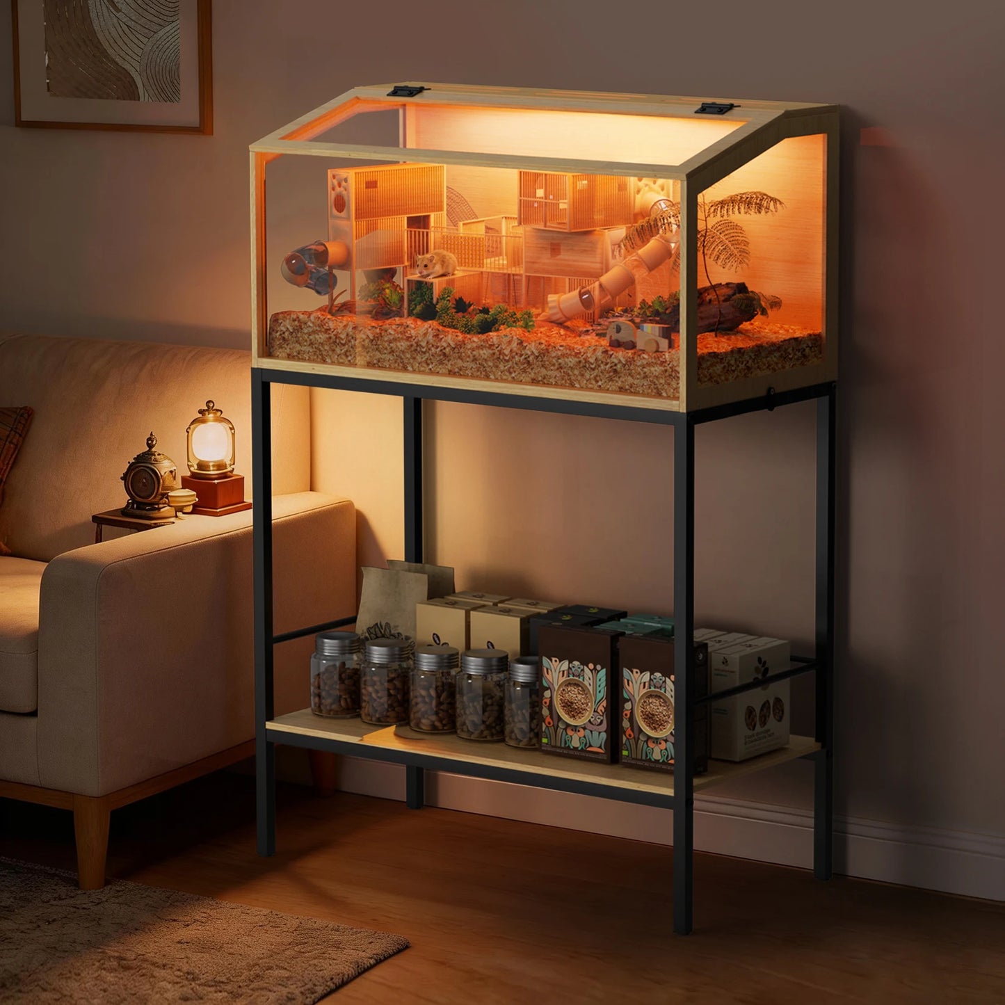 Large Wooden Hamster Cage Clear Tempered Glass Pet Small Animal Habitat Cage Playful Hutch House Built-in LED Light