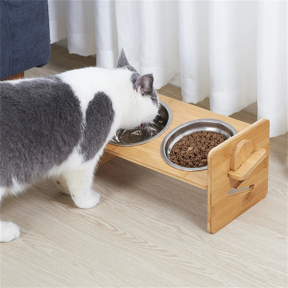 Elevated Dog Bowls with Stand Raised Dog Bowls 4 Heights Adjustable Dog Bowls Bamboo Dog Feeding Station 2 Stainless Steel Bowls