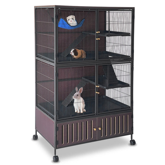 Spacious 5-Level Ferret Cage with Locker - 59"H Rolling Pet House for Guinea Pigs, Rabbits, Chinchillas, and More - Includes Removable Ramps, Double Doors, Hammock, Trays, Black