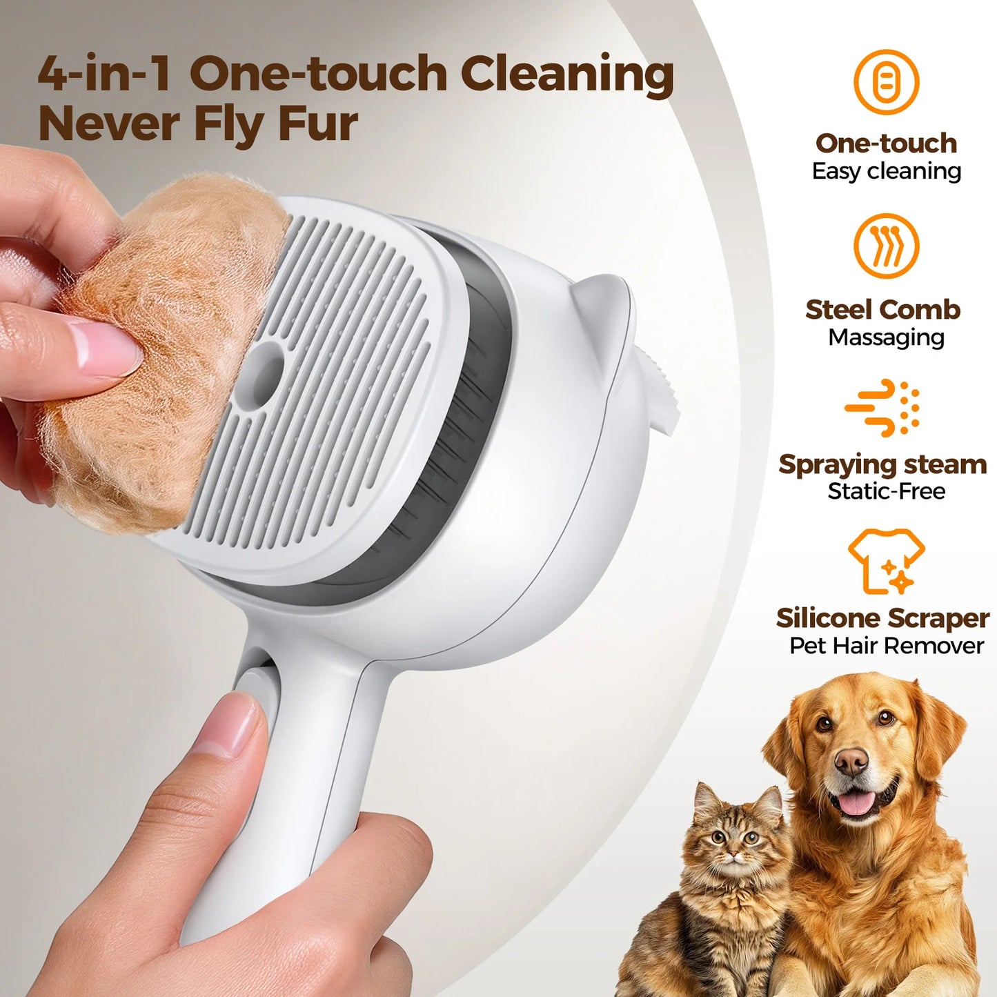 Self Cleaning Shedding Steam Cat Brush, Silicone Scraper Included Dog Brush, primecat, Cat Brushes for Shedding, USB Rechargeable, for Grooming & Haired Pets, Dogs & Cats, White