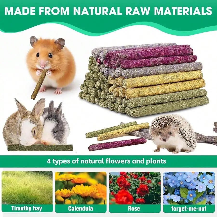 33 Pcs Natural Chew Sticks For Rabbits Guinea Pigs Hamsters Hedgehogs Timothy Hay Calendula Rose Forget-Me-Not