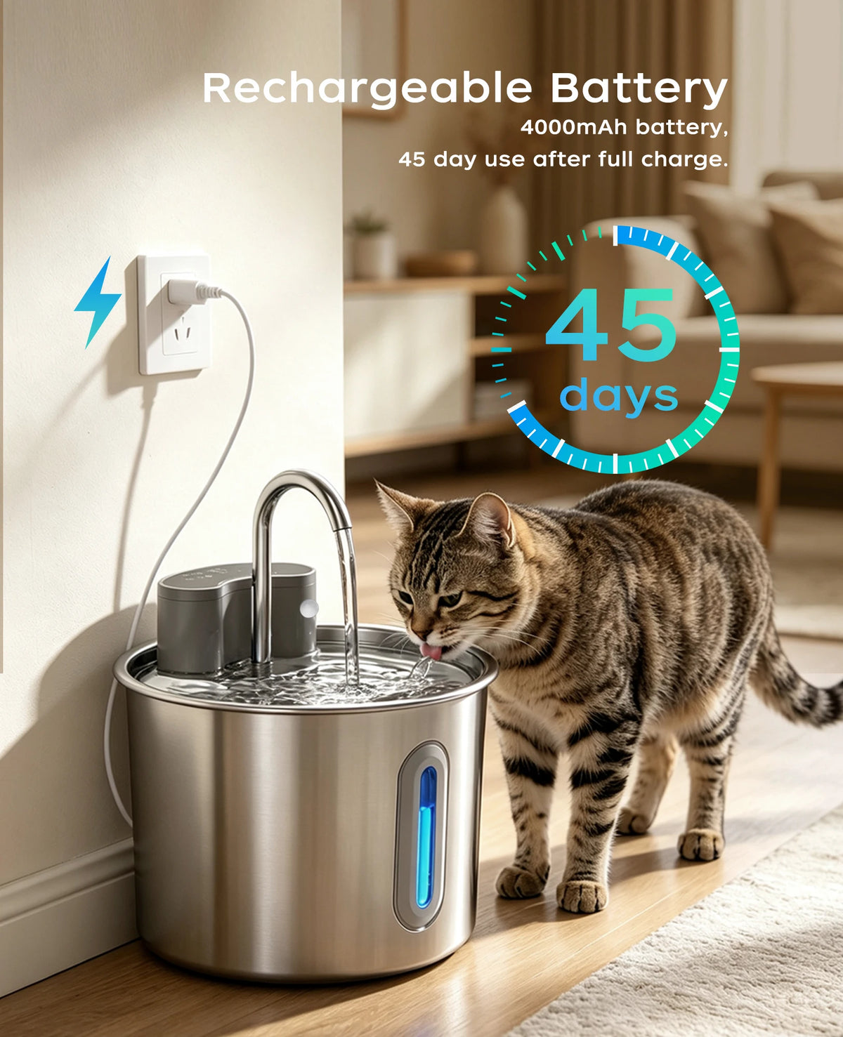 Cordless Stainless Steel Cat Water Fountain 74oz/2.2L, Battery Operated Quiet Automatic Wireless Pet Fountain for Pets Indoor