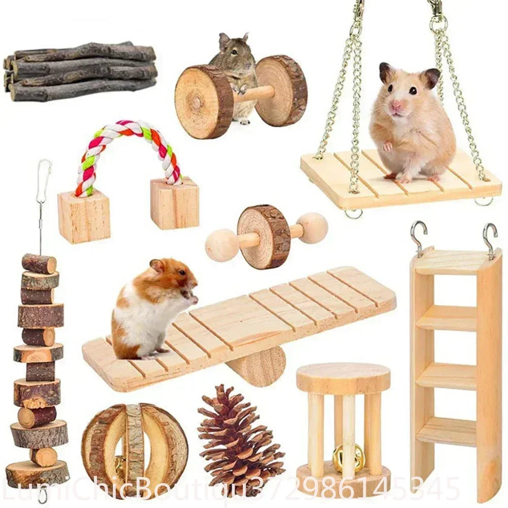 Cute Small Pet Chew Toy Natural Pine Wood Roller Dumbbell Unicycle With Bell Molar Play Toy For Rabbit Guinea Pig Rat Enrichment Supplies
