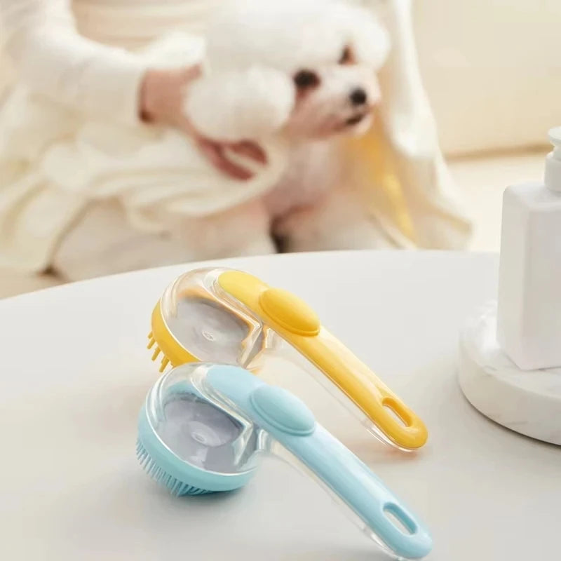 Pet Bath Brush with Shampoo Dispenser for Dogs Cats, Long Handle Soft Silicone Gentle Massage Brush, One Press Soap Dispensing Pet Grooming Bathing Tool