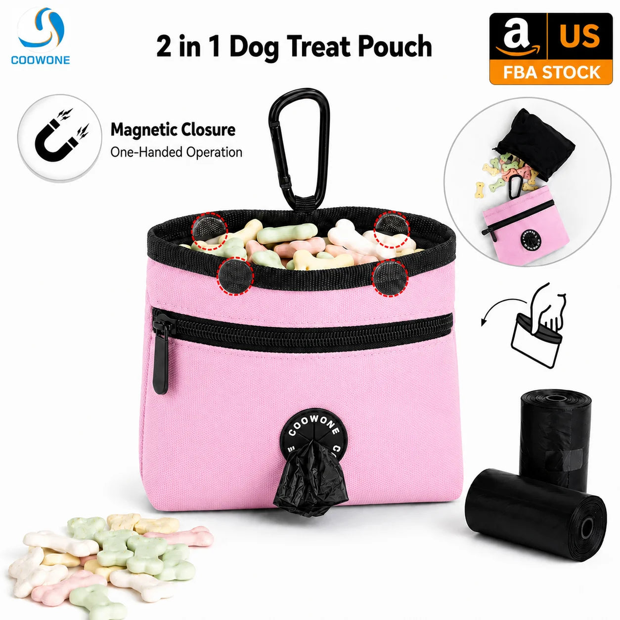 Custom Dog Training Treat Pouch with Magnetic Closure Poop Bag Dispenser and Carabiner Clip