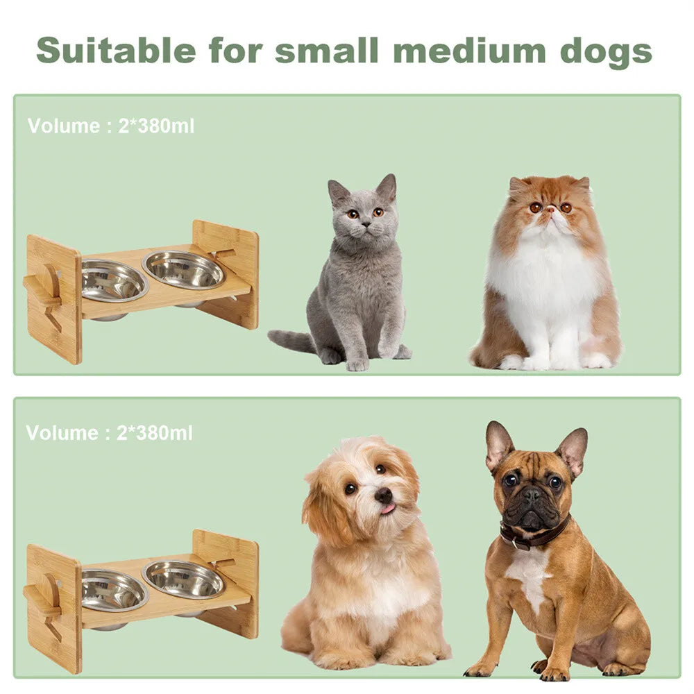 Elevated Dog Bowls with Stand Raised Dog Bowls 4 Heights Adjustable Dog Bowls Bamboo Dog Feeding Station 2 Stainless Steel Bowls