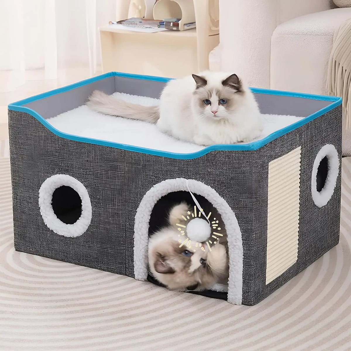 Loyareal Cat Houses for Indoor Cats - Large Cat Bed Cave with Scratch Pad and Fluffy Ball, Foldable Cat Condo Hideaway with Reversible Cushion for Multi Small Pet, Dark Grey