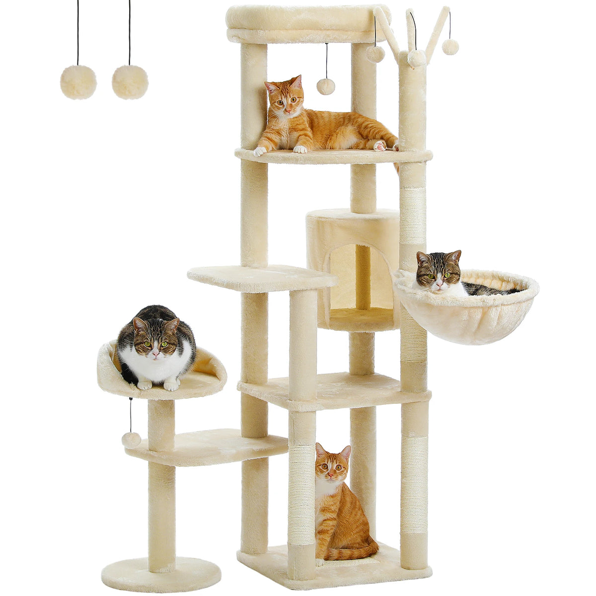 Multi-Level Cat Tree with Scratching Post Hammock Large Perches Hanging Balls Tall Cat Tower for Indoor Spacious Cat Condo House
