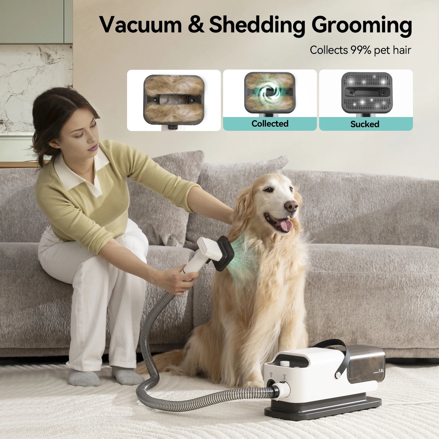 Amicura P1 Vacuum Cleaner & Hair Dryer & Trimmer, 15KPa Suction 600W Blowing, 3-in-1 Pet Grooming Set, Dog Cat Proven Care Tools