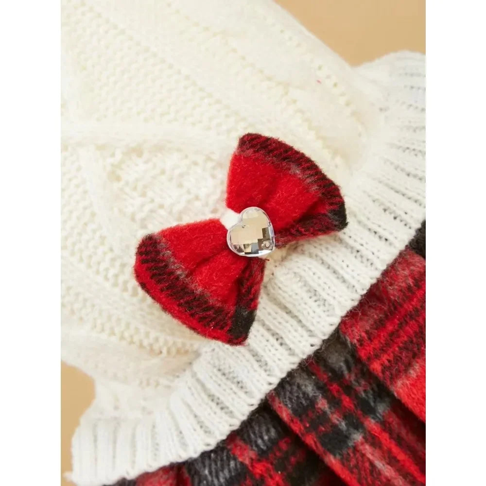 Dog Christmas Outfit, White Gray Knitted Puppy Sweater & Plaid Skirt Set, Warm Winter Holiday Pet Apparel for Small Dogs & Cat
