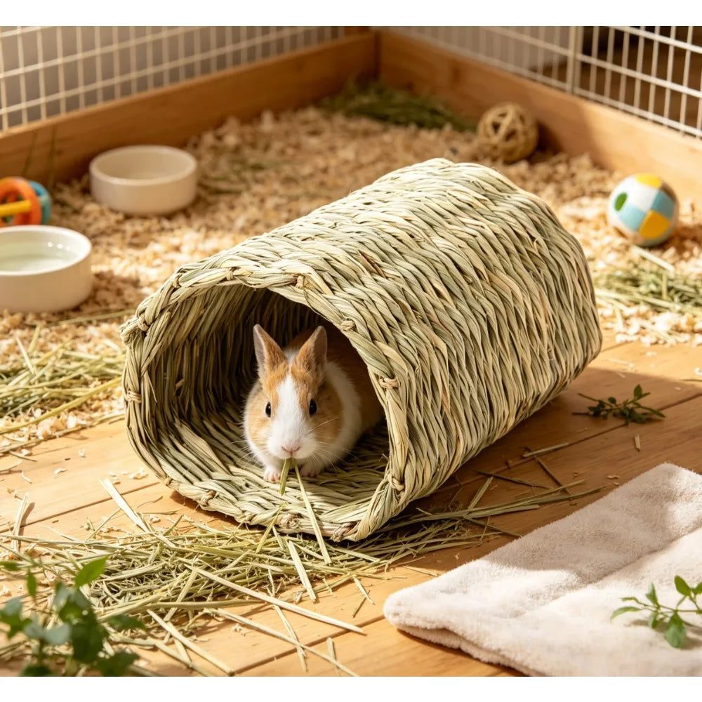 Small Pet Timothy Hay Chew Tunnel, Edible Cage Accessory for Rabbits Guinea Pigs Hamsters for Play and Teeth Maintenance