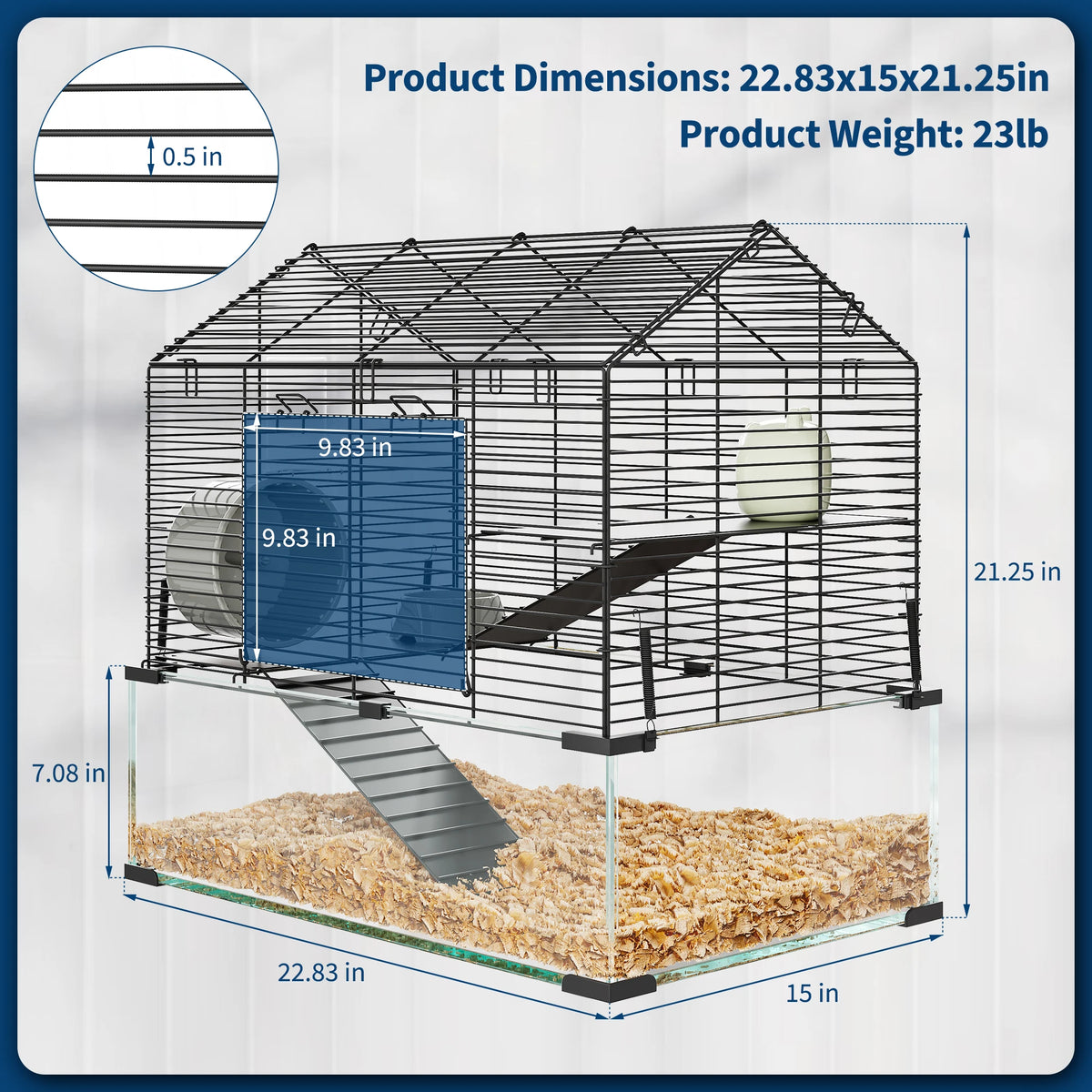 Large Hamster Cage, 3-Tier Gerbil Cages with Running Wheel, Water Bottle, Food Bowl, Ramps, Portable Hamster House with 7 in Deep Glass Bottom for Syrian, Dwarf Hamster, Gerbils