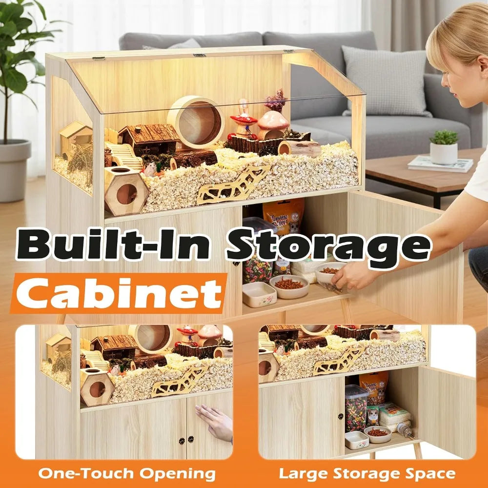 Large Hamster Cage with Storage Cabinet, 40" L x 20" W x 47" H, Chew Proof Wood & Clear View, for Guinea Pig, Ferret, Rat, Hedgehog (Oak)