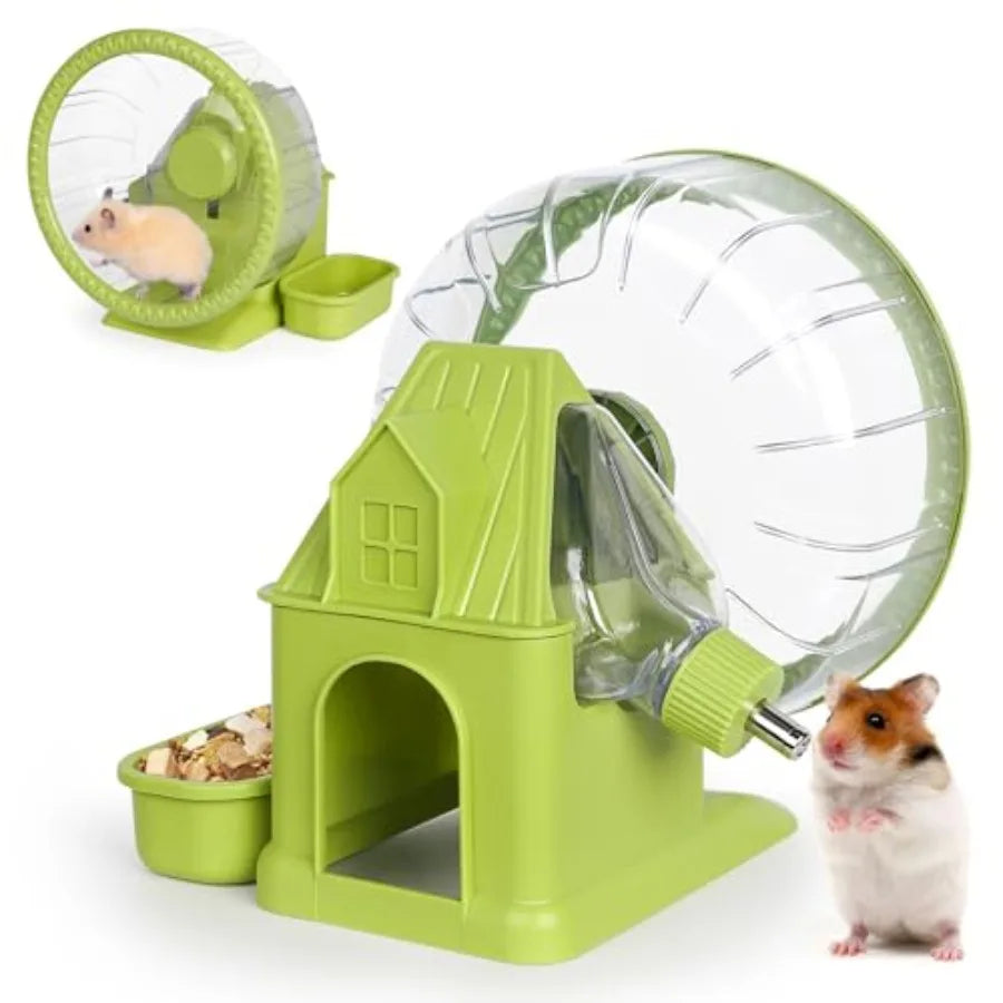 4 in 1 Quiet Hamster Exercise Wheel, Multi Functional Hamster House with Running Wheel, Water Bottle, Food Bowl and Hideout, Sm