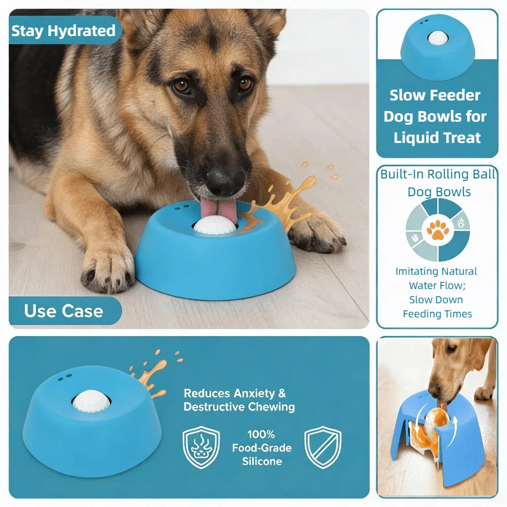 Feeder Dog Bowls For Liquid Treat AntiSlip Bone Broth Dog Lick Bowl Spillproof Dish With Rolling Ball Dog Licking Toy For Large