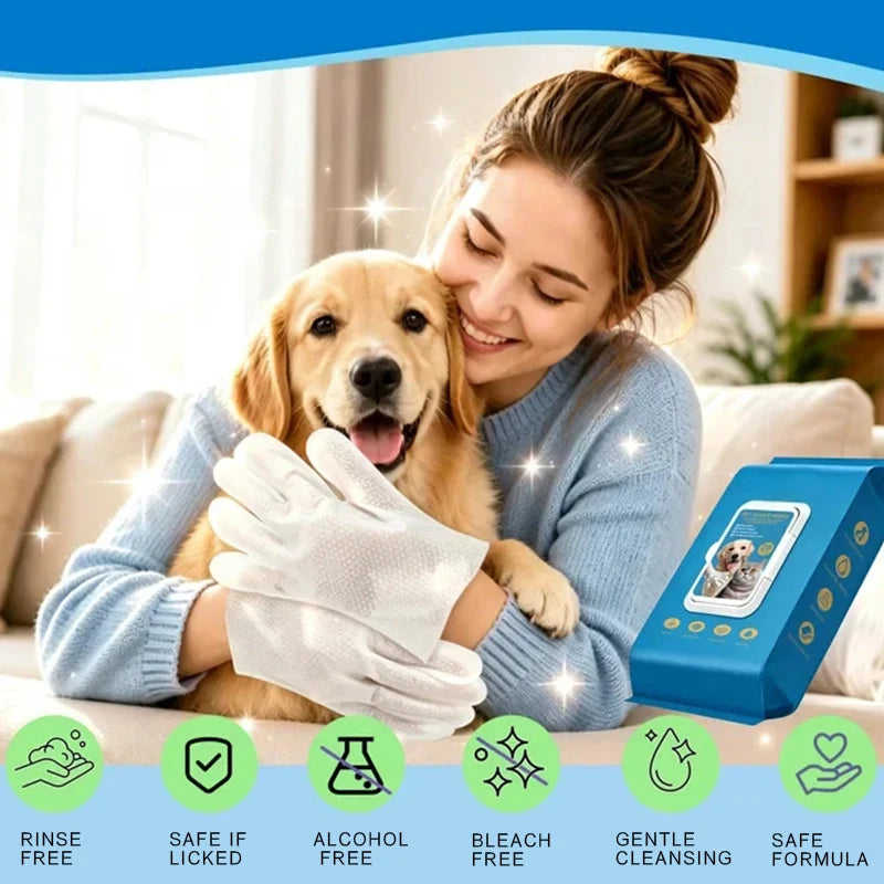 Pet No‑Rinse Glove Wipes for Cats & Dogs, Wash‑Free Disposable Grooming Gloves, Dry Bath Cleaning Wet Gloves Pet Supplies for Bathing Deodorizing