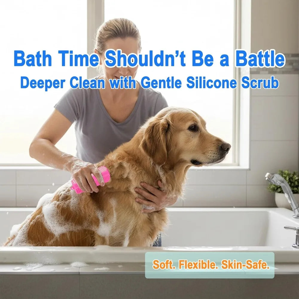 Triangular Wrap-Around Pet Grooming and Bath Brush for Dogs and Cats - 3-in-1 Silicone Deshedding Brush with Soft Massage Cones and Deep Cleaning Nubs for Gentle Detangling and Fur Removal, Flexible Self-Cleaning Design