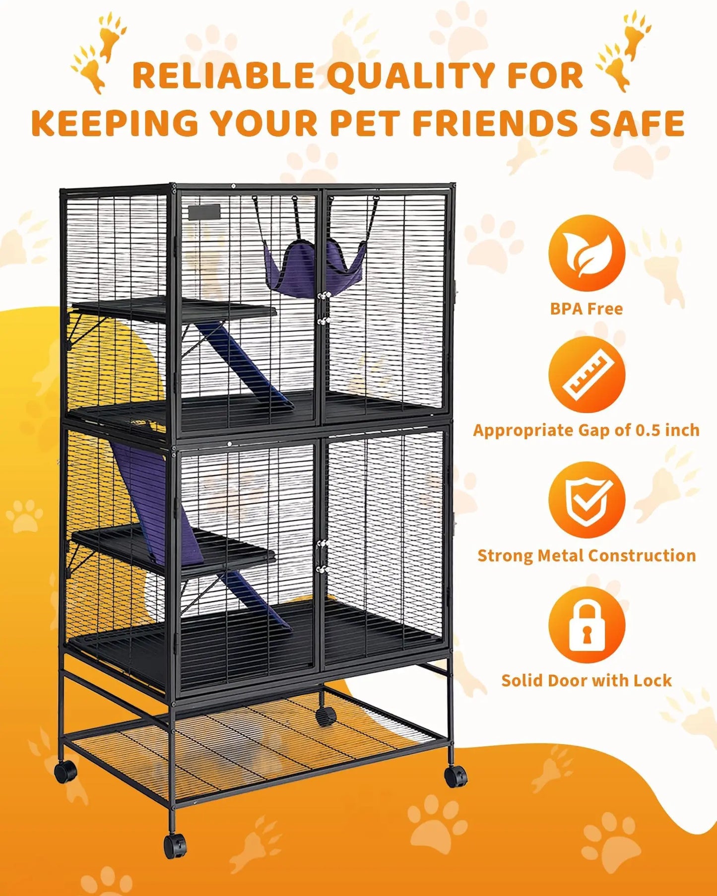 Large 4-Tier Metal Ferret Cage, 64" H Small Animal Habitat with Ramp, Hammock, Storage Stand & Removable Tray, Heavy-Duty Easy Clean Cage for Chinchilla, Sugar Glider, Hamster, Rat