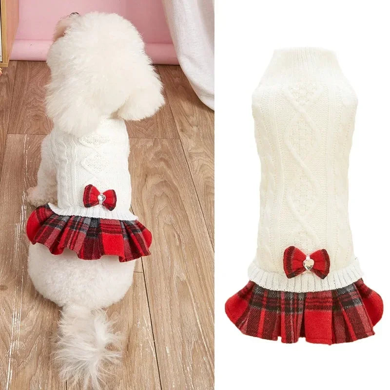 Dog Christmas Outfit, White Gray Knitted Puppy Sweater & Plaid Skirt Set, Warm Winter Holiday Pet Apparel for Small Dogs & Cat