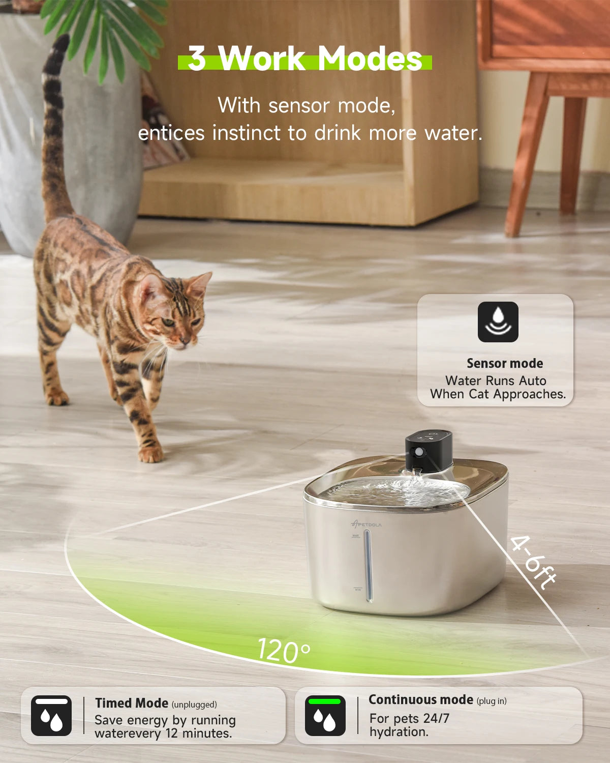 Wireless Cat Water Fountain Stainless Steel 135floz/4L Battery Operated Automatic Cordless Cat Water Dispenser Pet Fountain